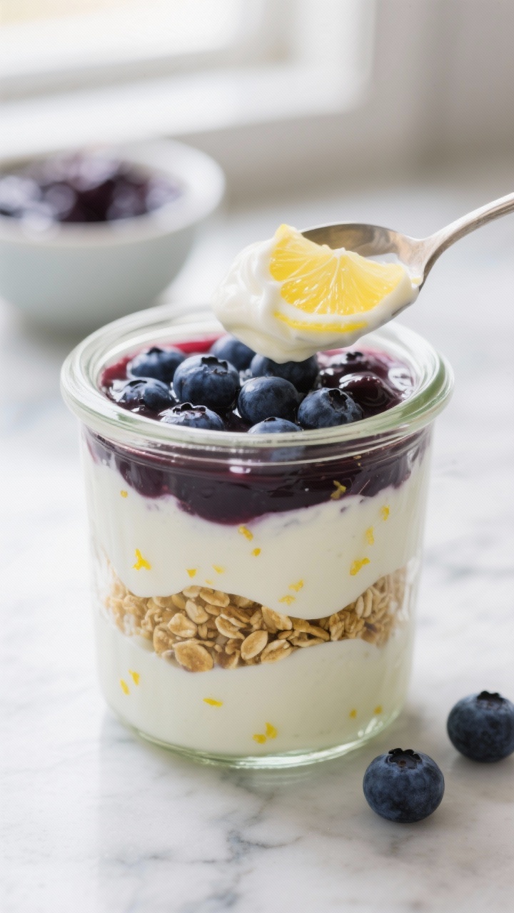 Close-up detail shot of a layered lemon blueberry yogurt parfait mid-assembly: a clear glass jar wit