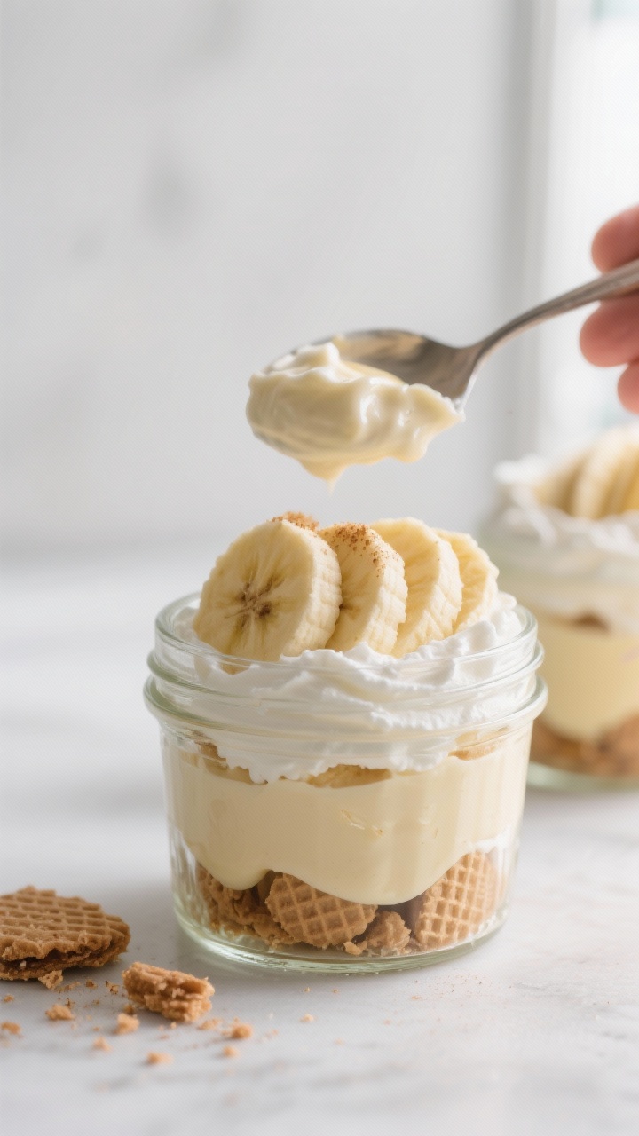 Close-up detail shot of a prepared no-bake banana pudding cup mid-assembly: a clear 8-ounce glass ja