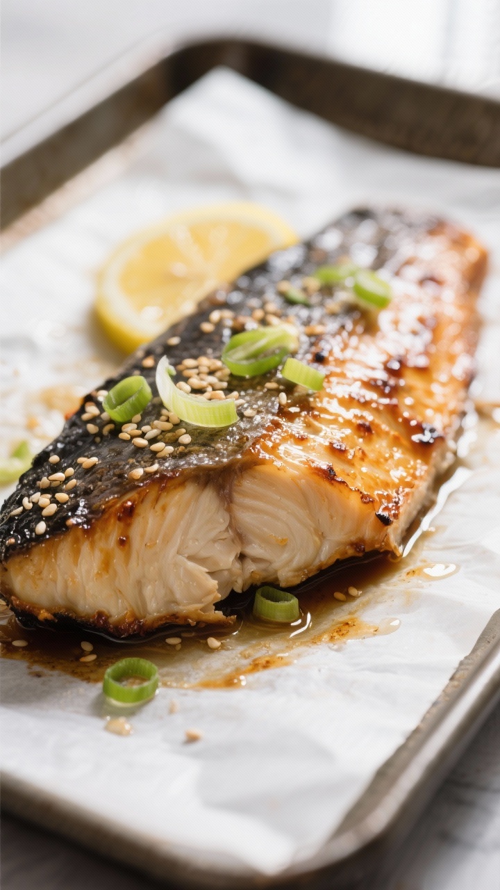 Close-up detail shot of baked black cod just out of the oven, showing caramelized, lacquered miso-so