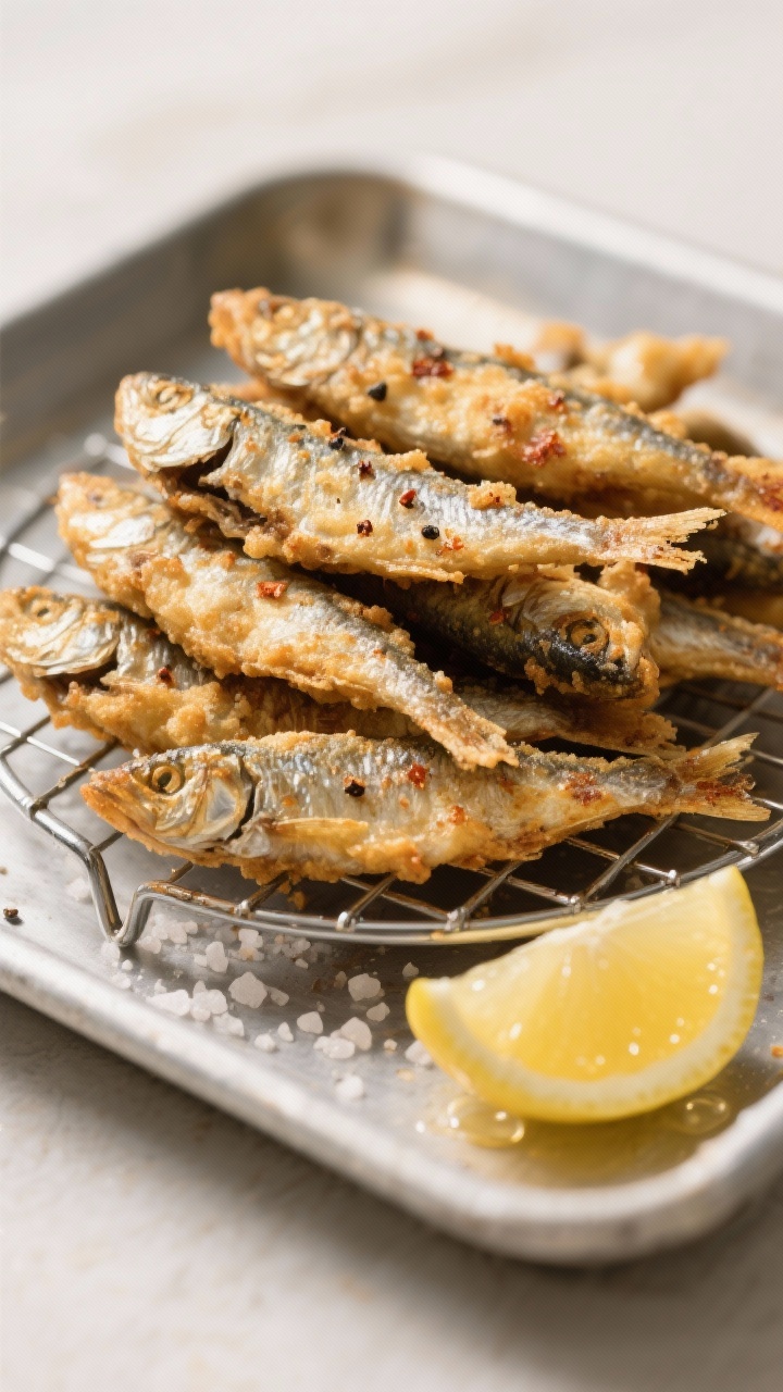 Close-up detail shot of crispy fried sardines just out of the oil, piled on a wire rack over a sheet
