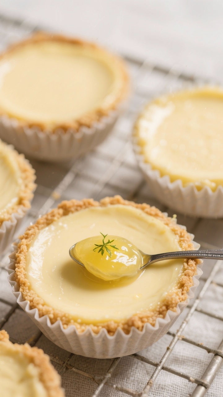 Close-up detail shot of freshly baked mini lemon cheesecakes still in their muffin liners, just cool