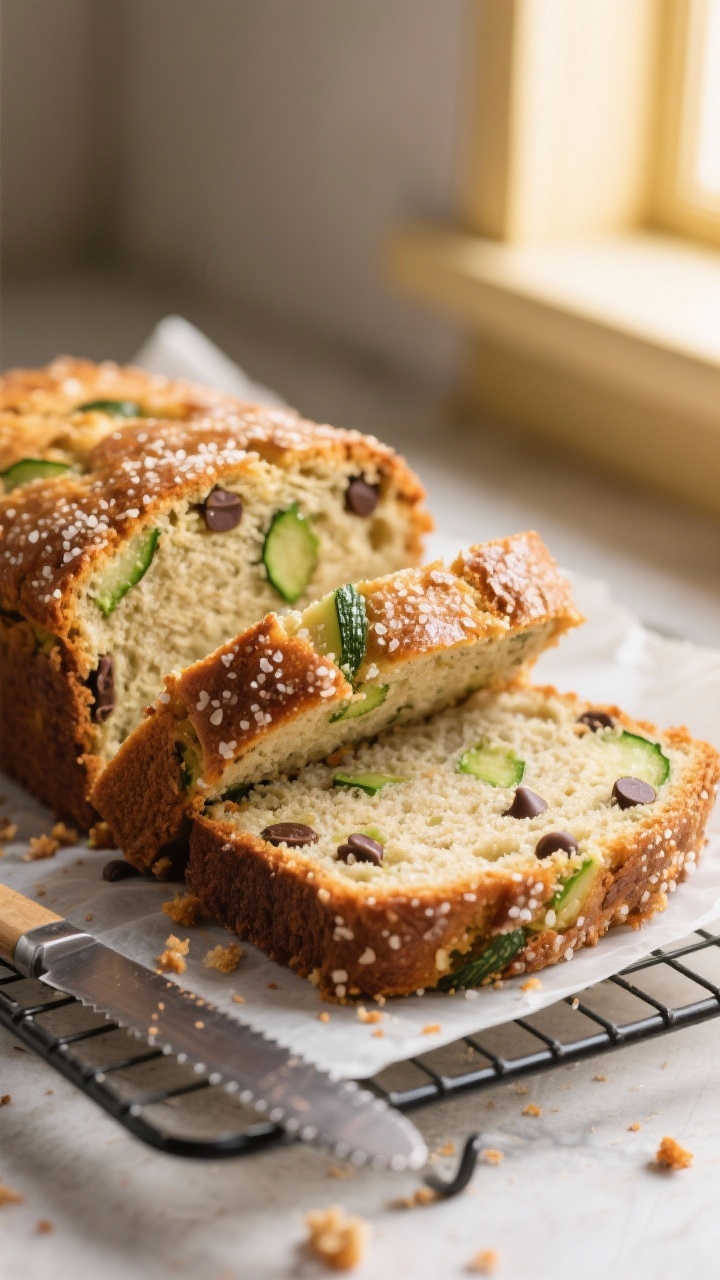 Close-up detail shot of freshly baked zucchini bread slices on a cooling rack, showing a moist, tend