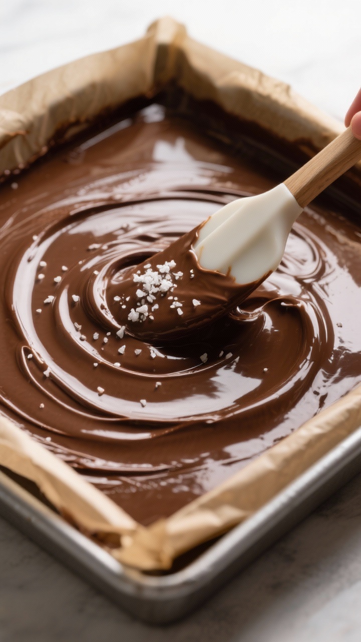 Close-up detail shot of glossy, just-poured 3-ingredient chocolate fudge being smoothed in a parchme