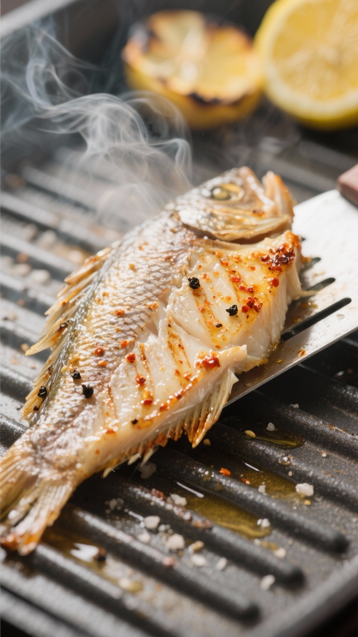 Close-up detail shot of grilled catfish fillet just after the flip on a clean, hot grill, showing de