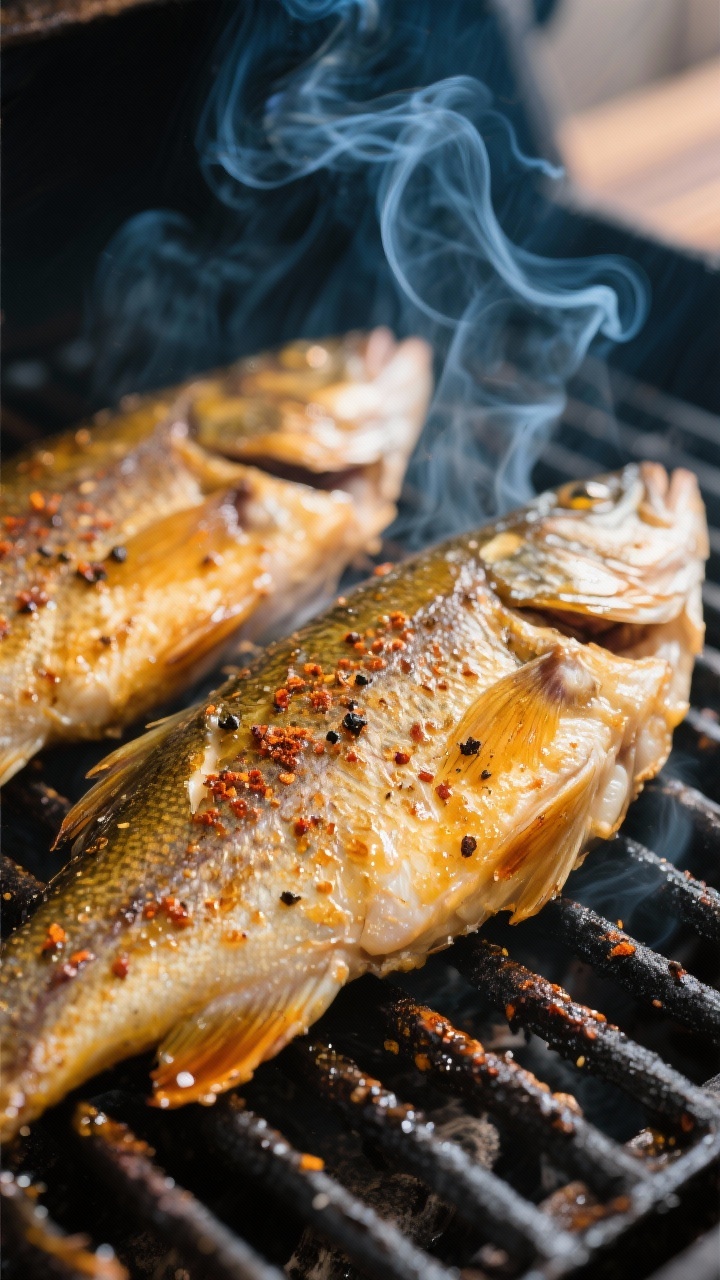 Close-up detail shot of smoked walleye just off the smoker: golden, gently blistered skin-on fillets