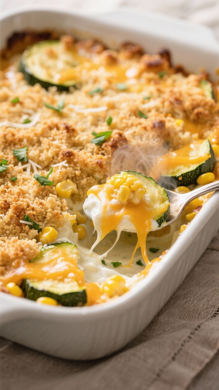 Close-up detail shot of the baked zucchini corn casserole just out of the oven, showing a deeply gol