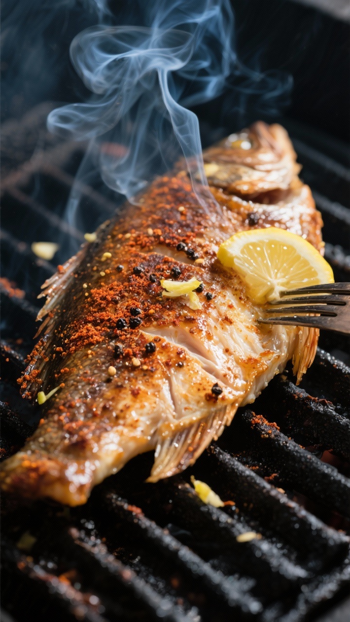 Close-up detail: Smoked catfish fillet just off the smoker, skin-side down on dark grill grates, sur