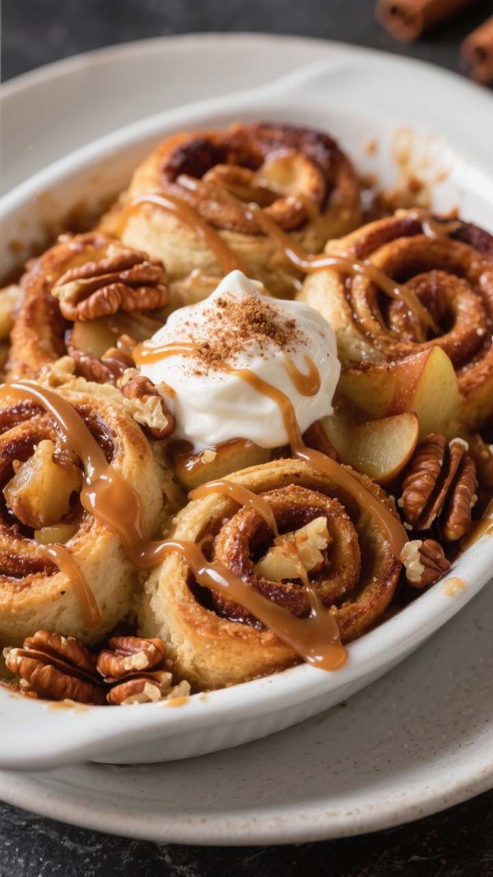 Close-up, final plated presentation of a generous scoop of Apple Cinnamon Roll Bake in a shallow whi