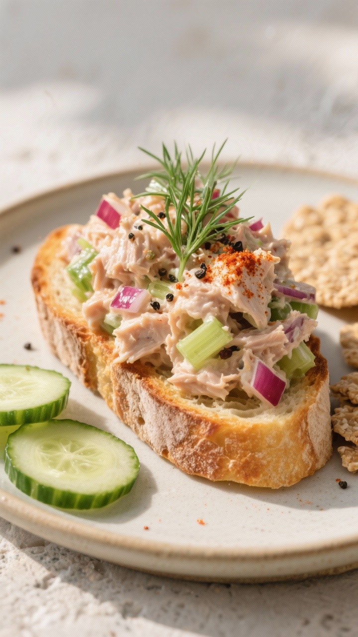 Close-up final presentation: a generous scoop of tuna salad piled on toasted sourdough, edges crisp