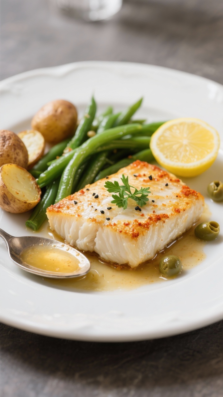 Close-up plated final dish of flaky baked cod on a white ceramic plate, spooned with glossy pan juic