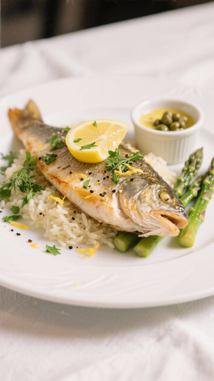 Close-up plated finish of baked walleye on a white ceramic plate: perfectly flaky, opaque center wit