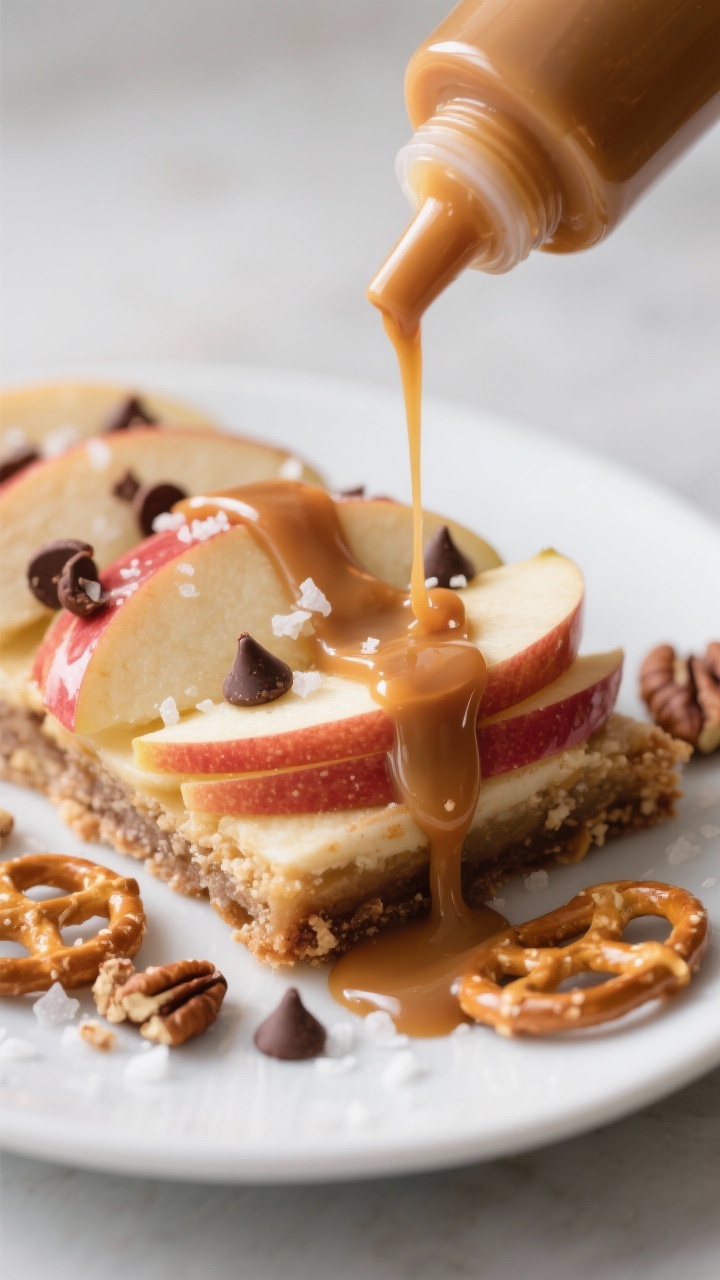 Close-up process detail: warm caramel being drizzled in a smooth zigzag from a squeeze bottle across