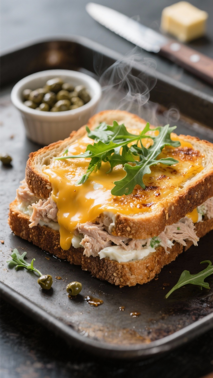 Close-up, process-focused shot of a lighter Quick Tuna Melt just out from under the broiler: whole-g