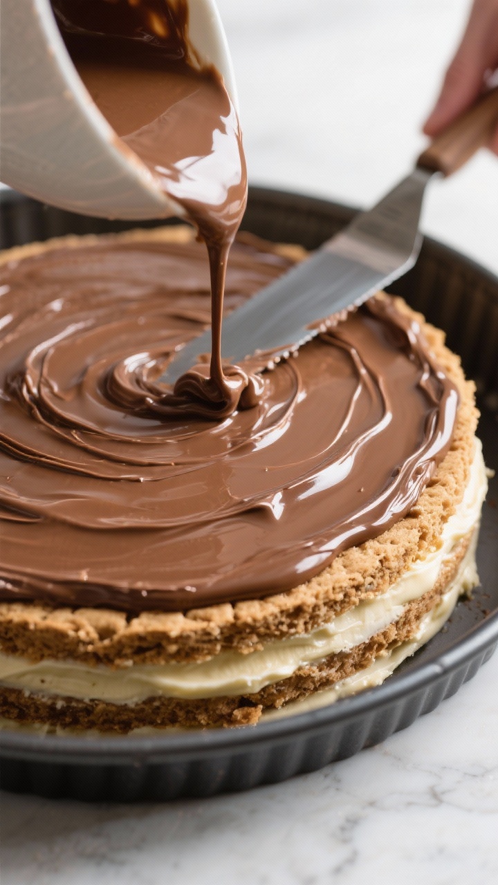 Close-up process shot of the ganache being poured and smoothed over the final graham cracker layer o