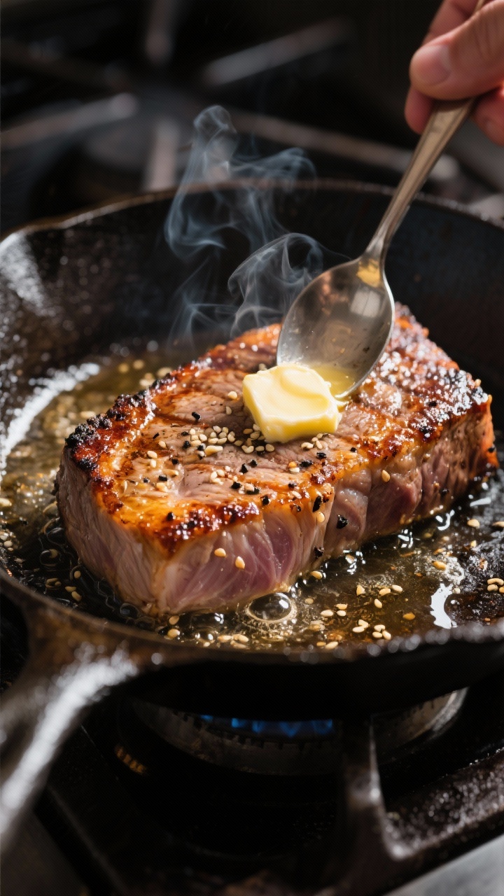 Close-up sear-in-action shot: Pan-seared tuna steak in a ripping-hot cast-iron skillet, first side d