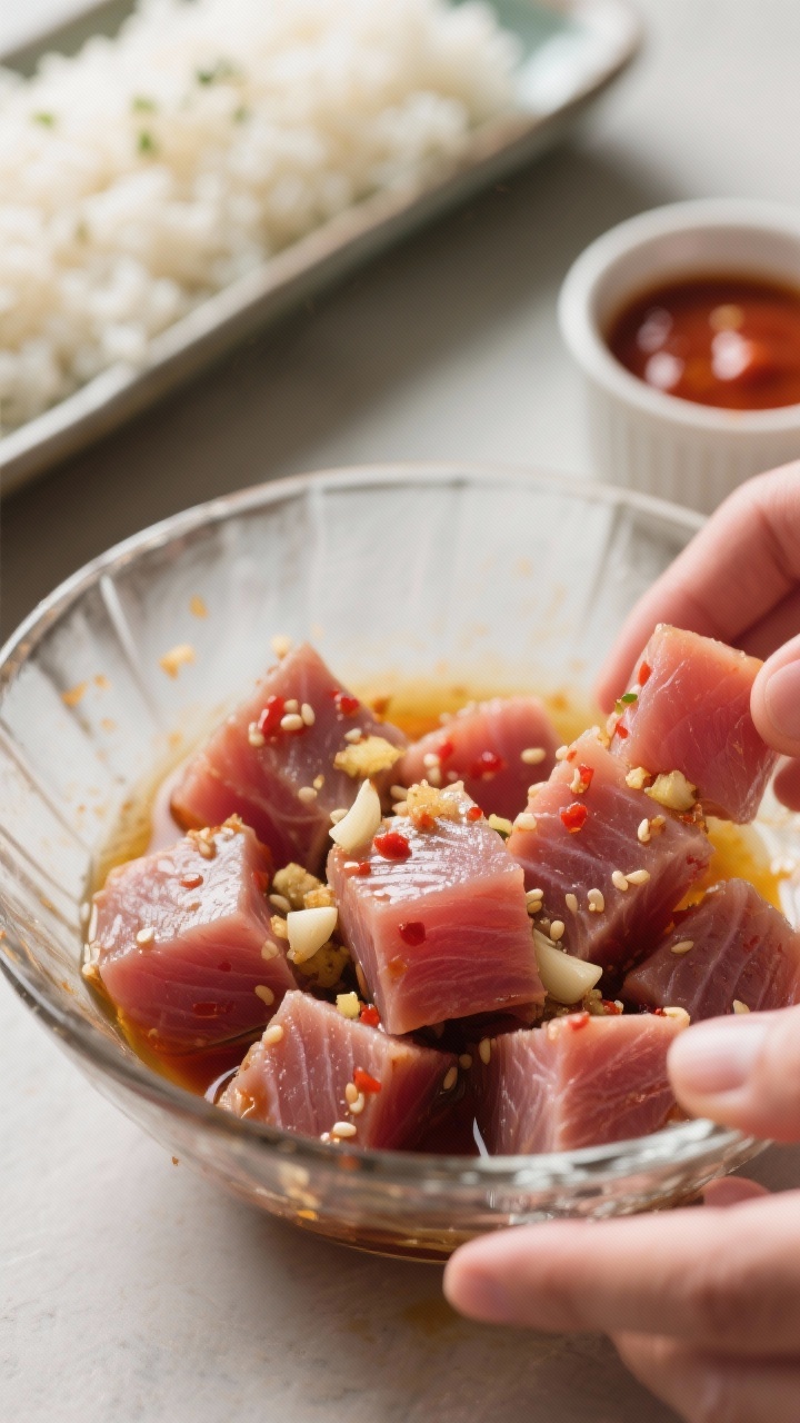 Close-up, shallow depth-of-field process moment: marinated tuna cubes being gently tossed in a chill