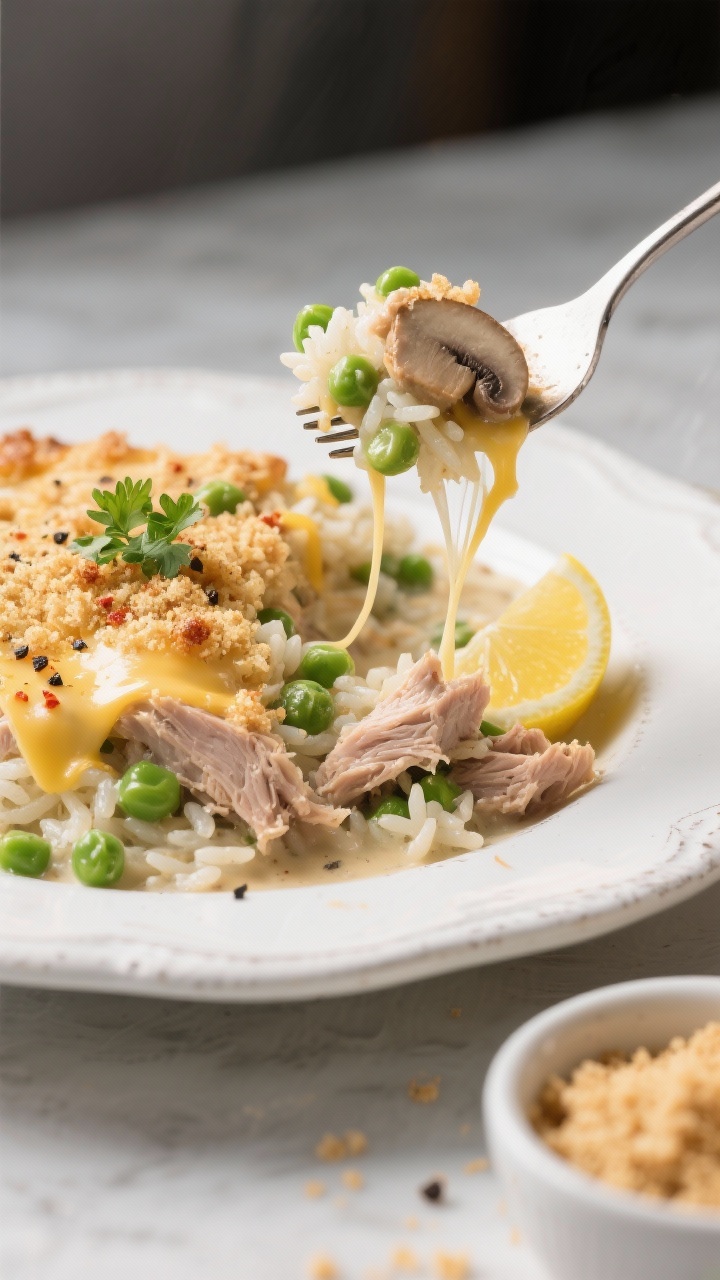 Close-up, three-quarter angle of a plated serving of tuna rice casserole on a white stoneware plate: