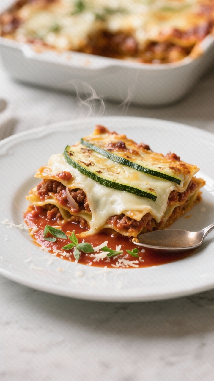 Close-up, three-quarter angle of a single plated slice of zucchini lasagna after resting, clean laye