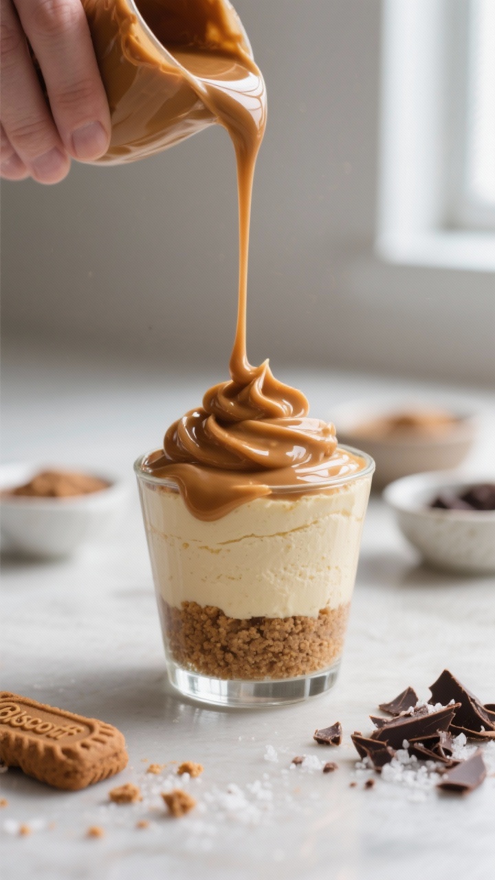 Cooking process close-up: A chilled glass dessert cup with a firmly set Biscoff cookie crumb base an