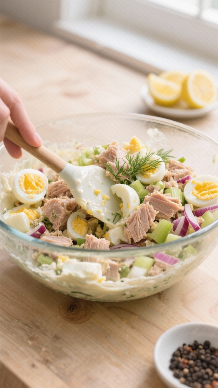 Cooking process, close-up: A large glass bowl on a light wood countertop with the prepared tuna egg 