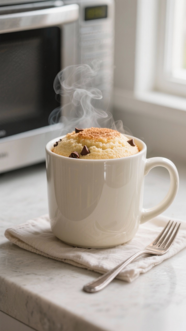 Cooking process close-up: A wide, microwave-safe 12–14 oz ceramic mug with glossy vanilla mug cake