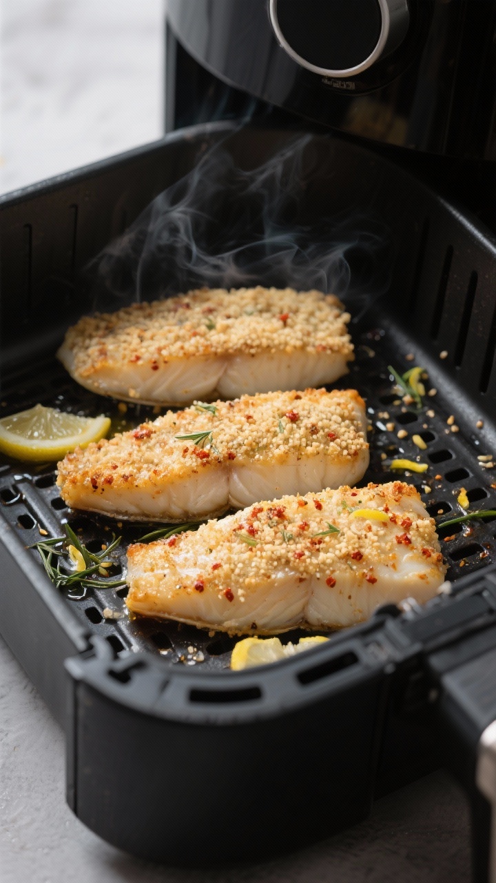 Cooking process close-up: Air fryer halibut fillets at the 8–10 minute mark inside a preheated bas