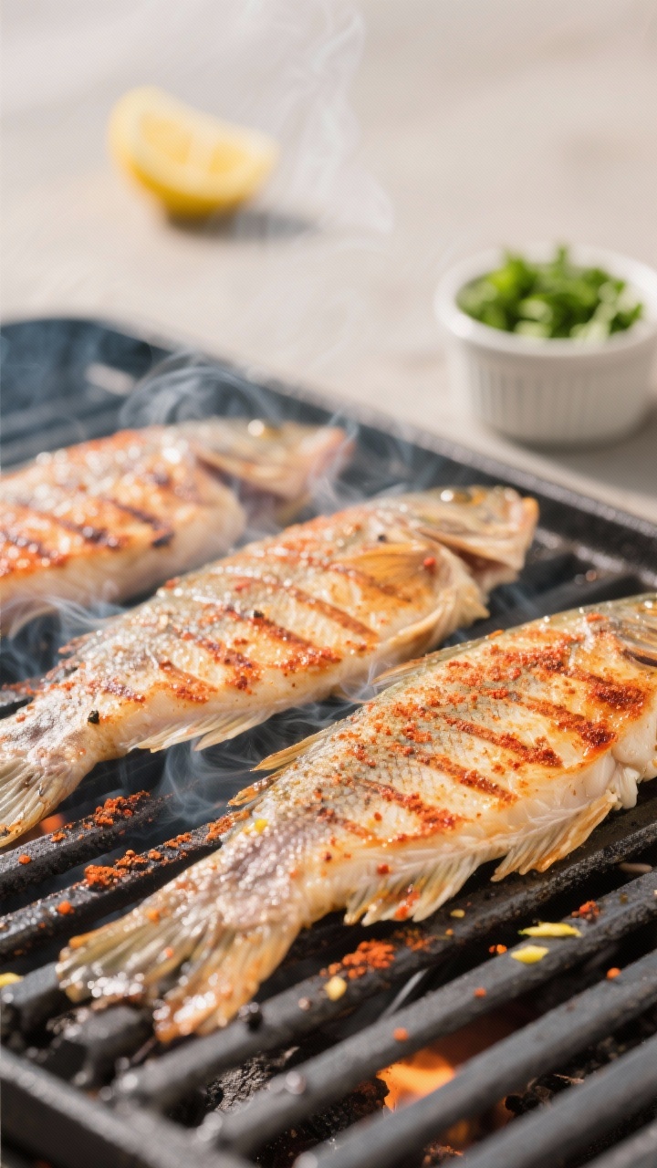 Cooking process close-up: Catfish fillets grilling diagonally across clean, oiled grates on a medium