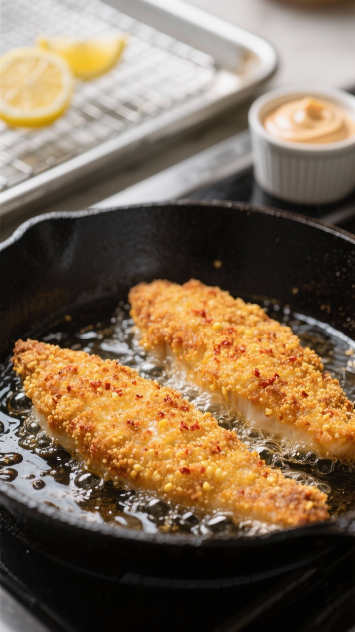 Cooking process close-up: Cornmeal-crusted catfish fillets frying in a black cast-iron skillet, shal