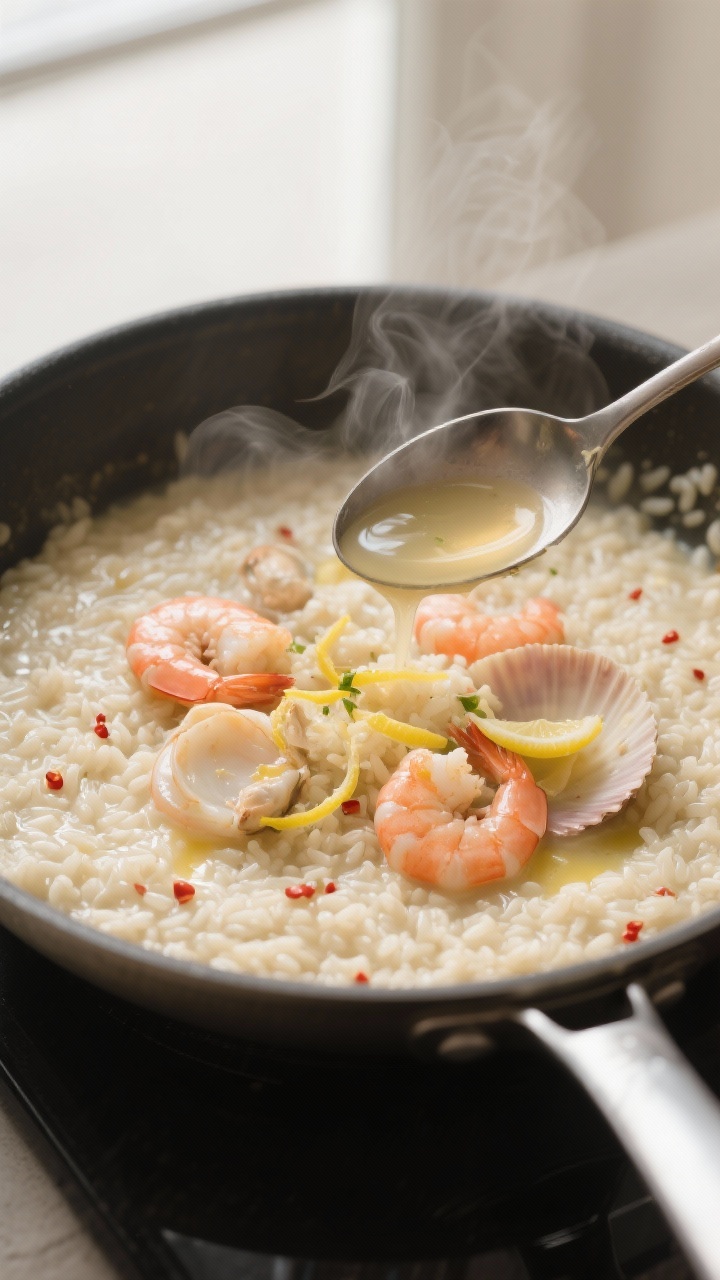 Cooking process close-up: Creamy seafood risotto mid-cook in a wide, heavy pan, overhead shot captur