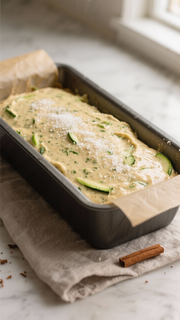 Cooking process, close-up detail: A 9x5-inch loaf pan filled with smooth, speckled zucchini bread ba