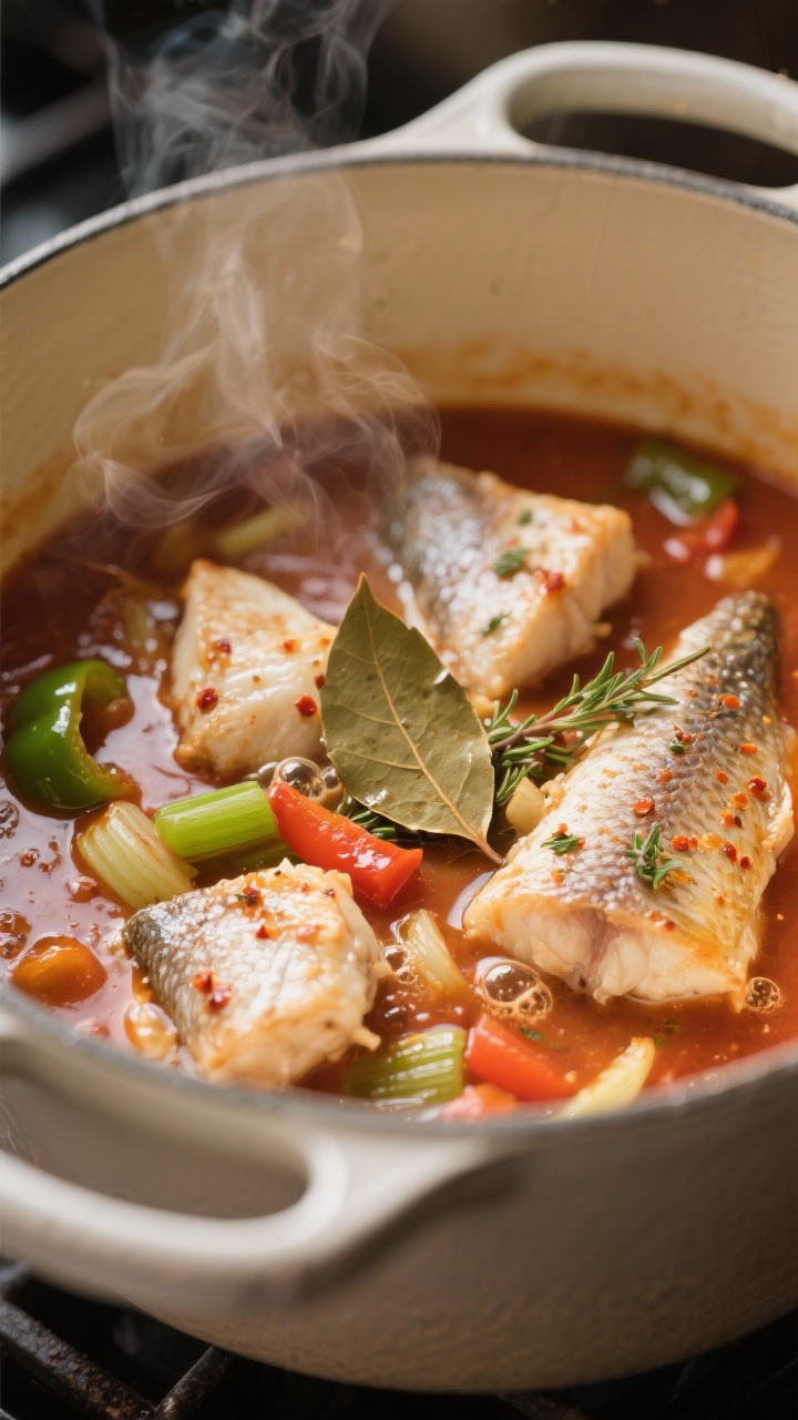 Cooking process, close-up detail: A Dutch oven at a gentle simmer with catfish courtbouillon mid-coo