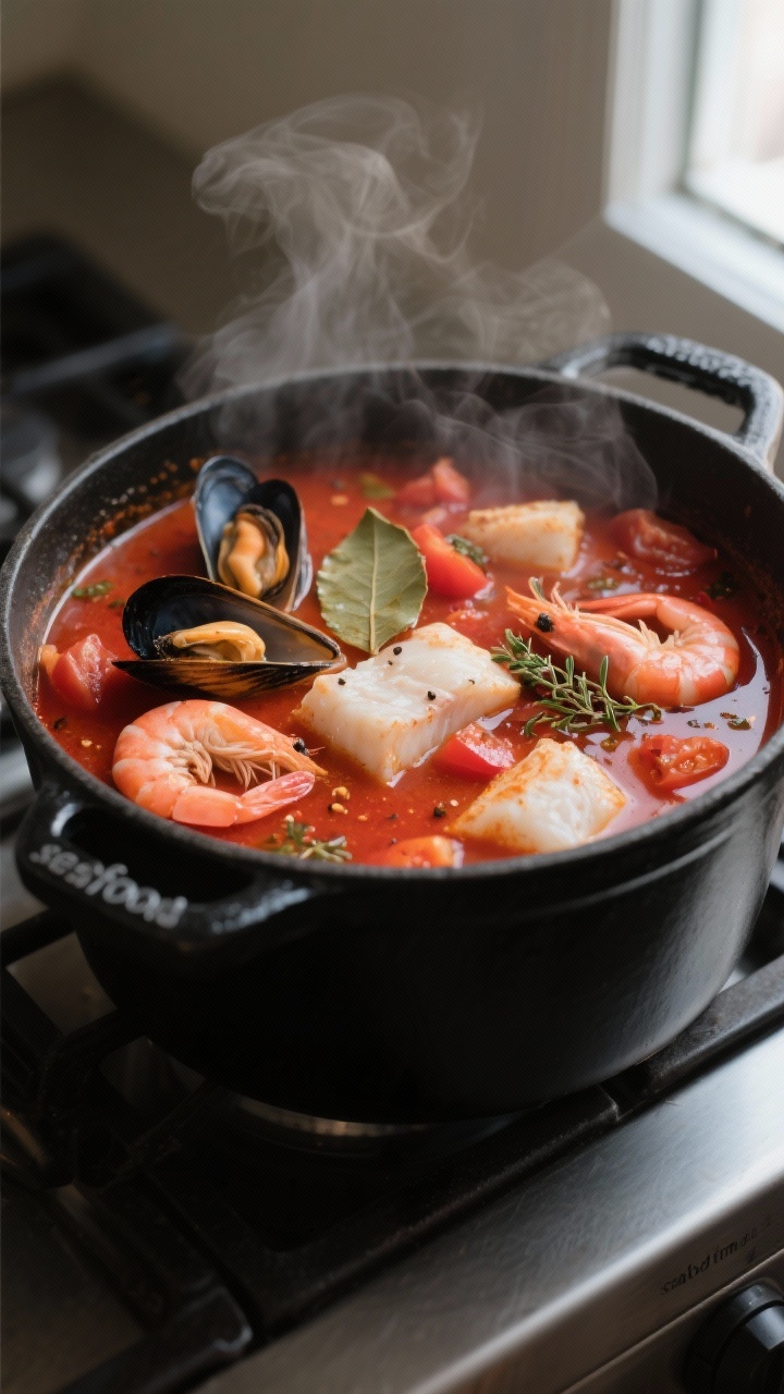 Cooking process, close-up detail: A steaming pot of Mexican seafood soup at the “seafood time” s