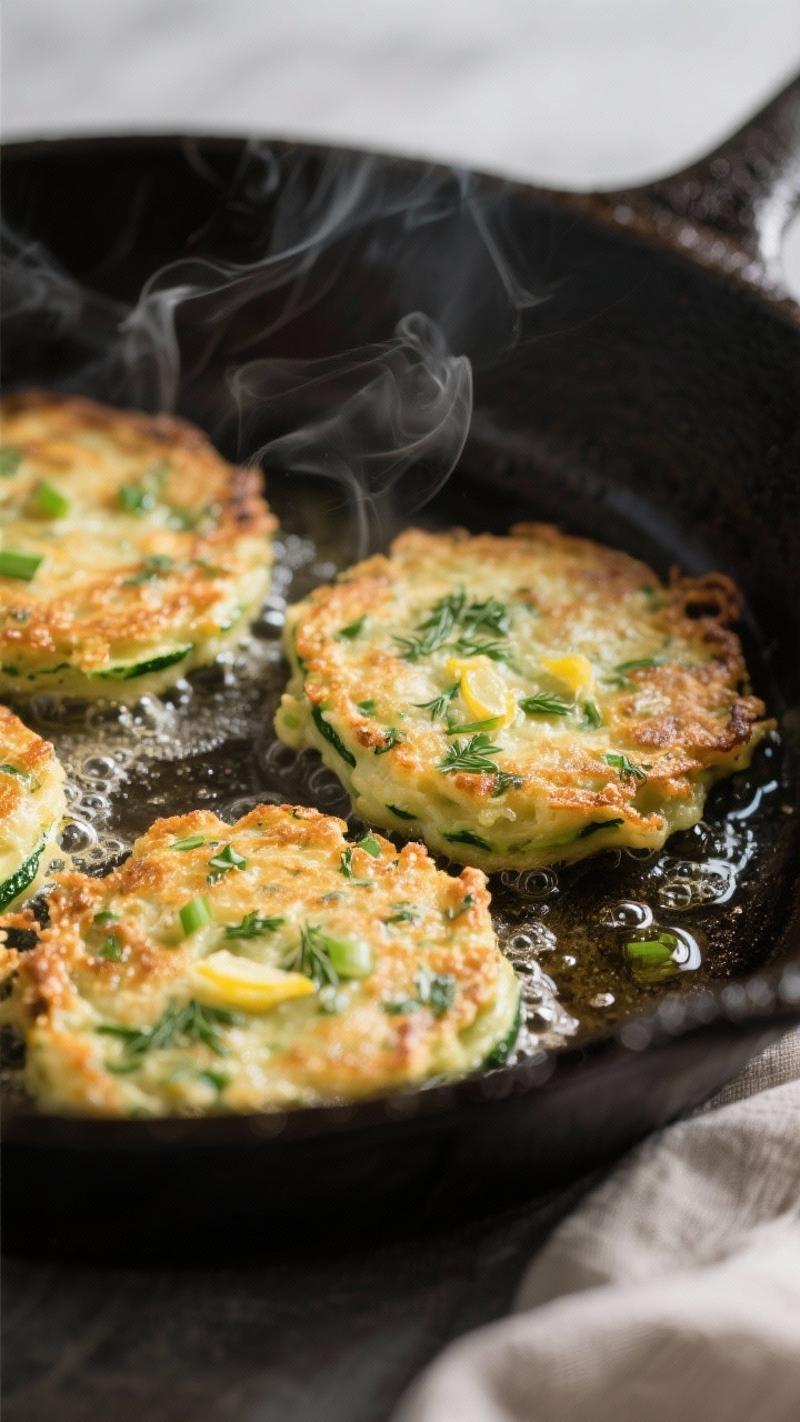 Cooking process, close-up detail: A tight, shallow-depth-of-field shot of zucchini fritters sizzling