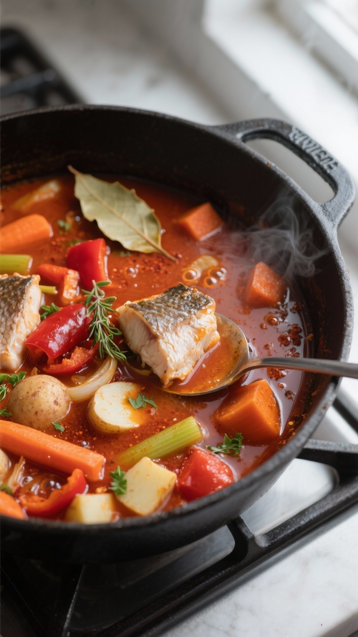Cooking process, close-up detail: Catfish stew simmering in a matte black Dutch oven, overhead-to-45