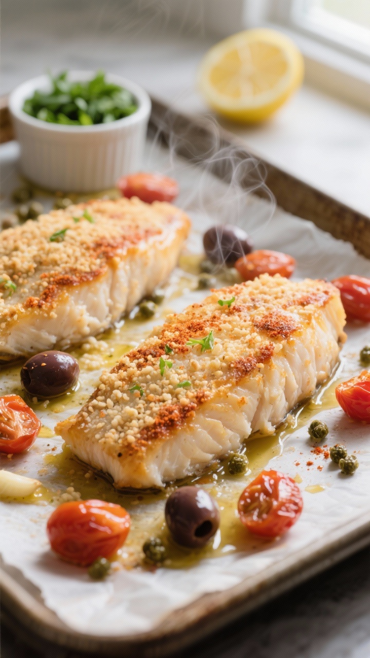 Cooking process, close-up detail: Close-up of baked catfish fillets just out of the oven at 400°F, 