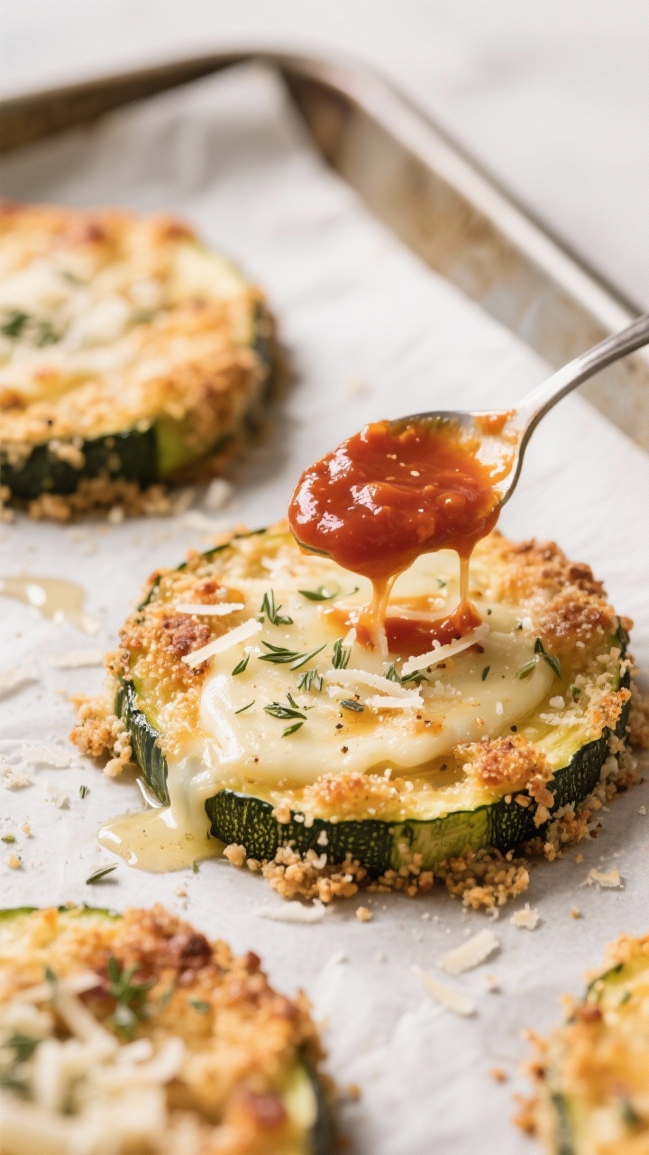 Cooking process, close-up detail: Close-up of baked zucchini rounds just after flipping in the oven,