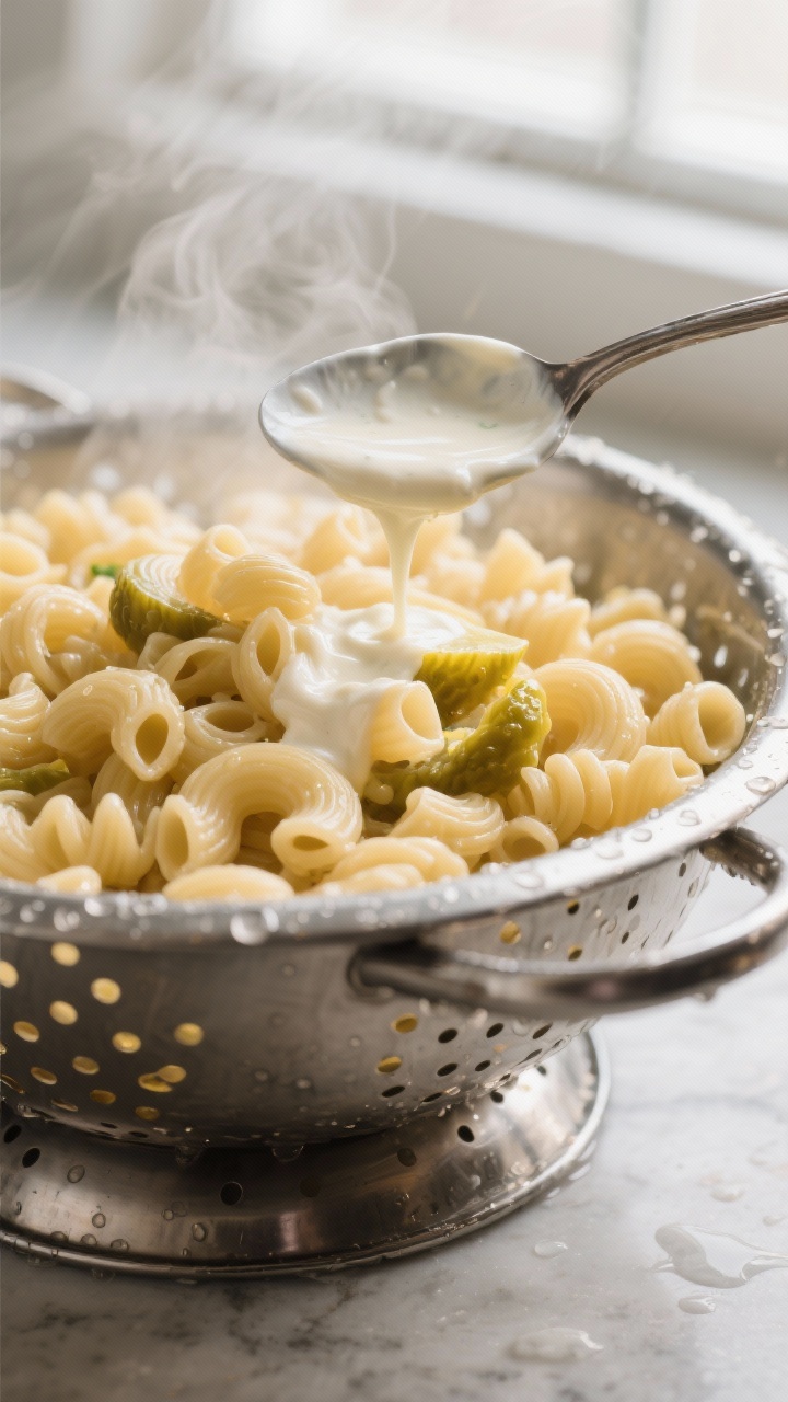 Cooking process, close-up detail: Close-up of freshly cooked elbow macaroni being rinsed and cooled 