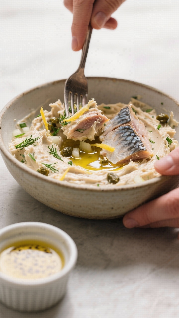 Cooking process, close-up detail: Creamy mackerel pâté being hand-mixed in a ceramic bowl, showing