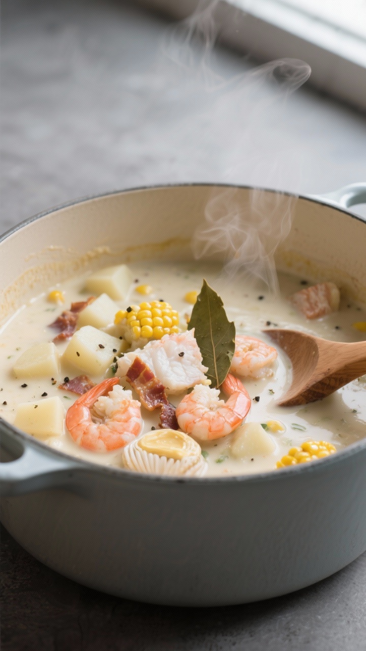 Cooking process, close-up detail: Gentle simmer of creamy seafood chowder in a matte enamel Dutch ov