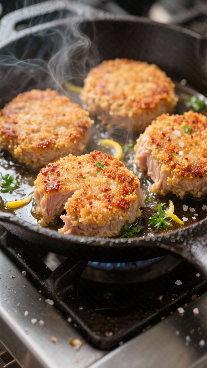 Cooking process, close-up detail: Golden-brown tuna patties sizzling in a shallow layer of shimmerin