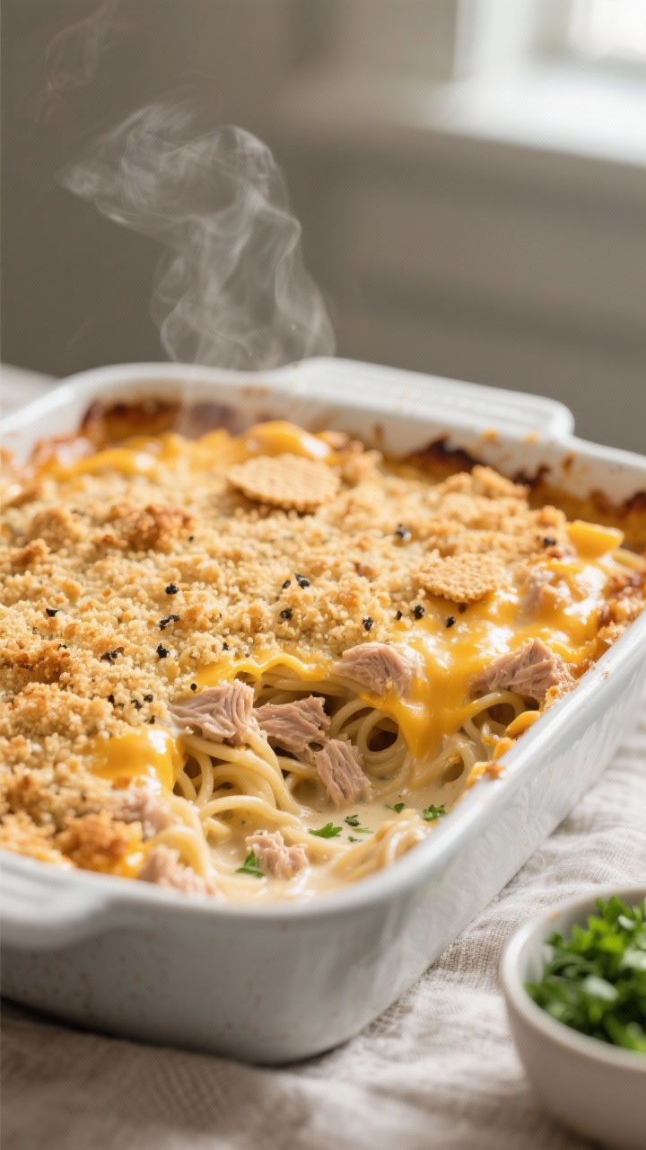 Cooking process, close-up detail: Golden, bubbling tuna noodle casserole just out of the oven, tight