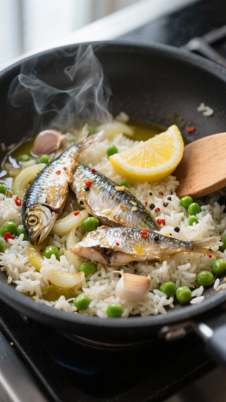 Cooking process, close-up detail: In a black skillet over medium heat, sautéed onion and garlic gli