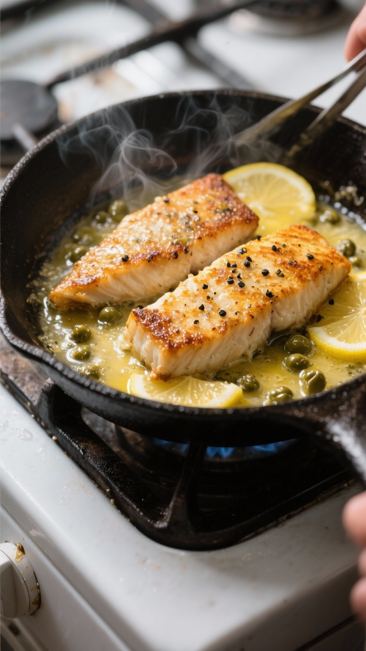 Cooking process, close-up detail: Pan-seared lemon pepper catfish fillets sizzling in a well-heated 