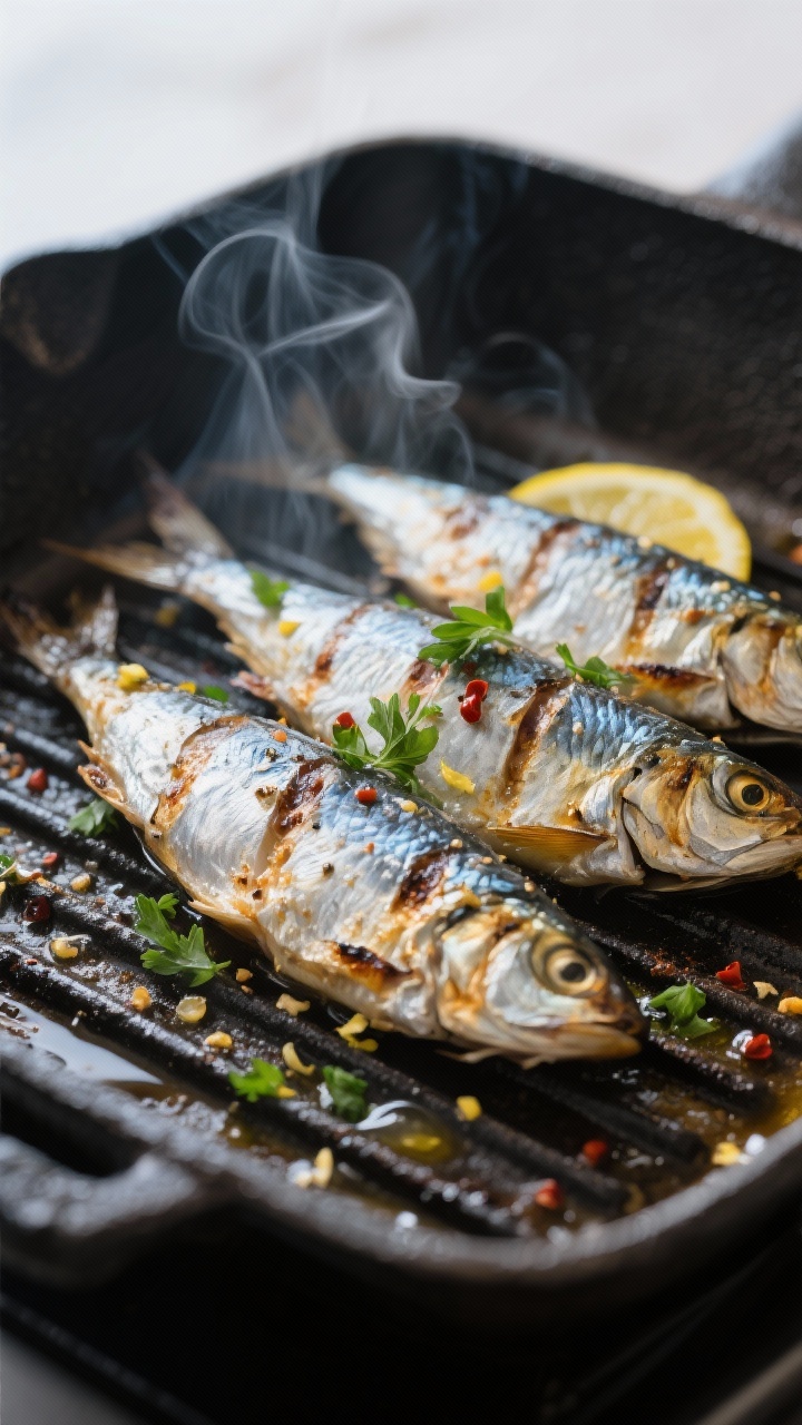 Cooking process, close-up detail: Sardines grillées sizzling on a hot cast-iron grill pan, skin-sid