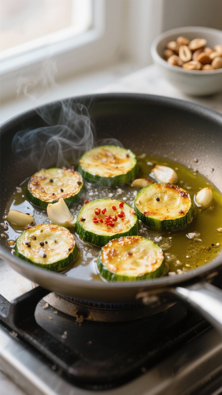 Cooking process, close-up detail: Sautéed zucchini half-moons with golden edges sizzling in a wide 