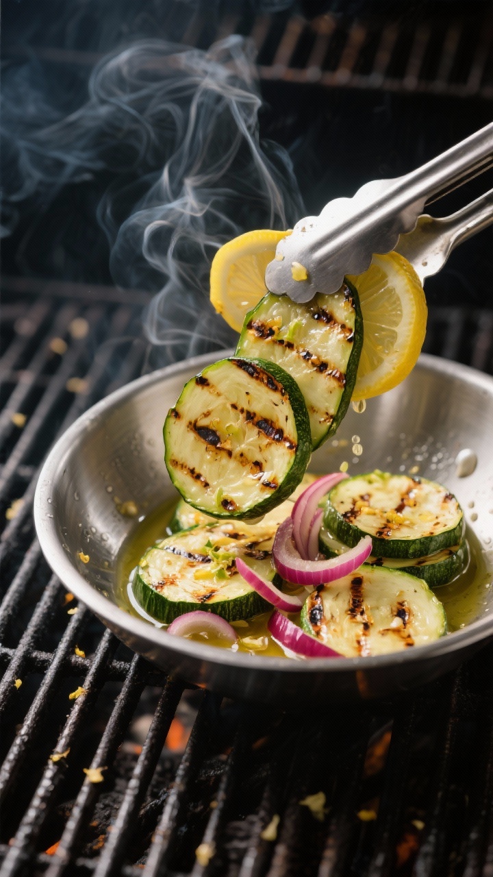 Cooking process, close-up detail: Slices of grilled zucchini on hot, clean grates, tender-crisp with