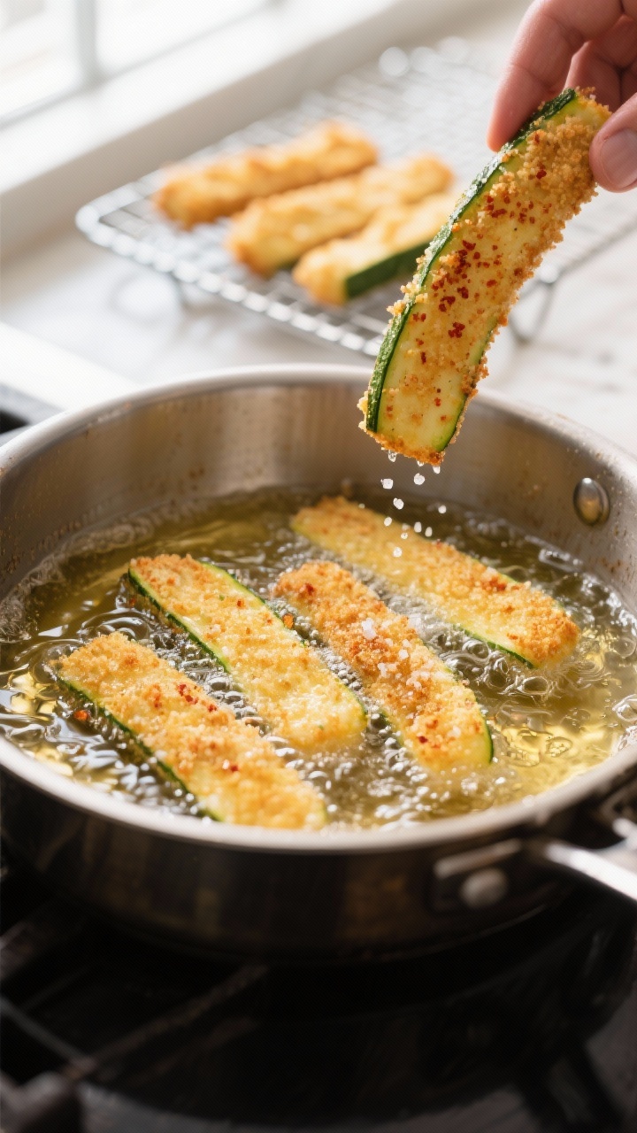Cooking process close-up: Golden zucchini sticks frying in a heavy pot of shimmering 350–360°F oi
