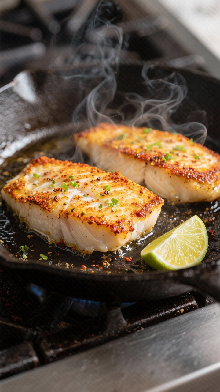 Cooking process close-up: Halibut fillets searing in a preheated cast-iron skillet, golden-brown edg