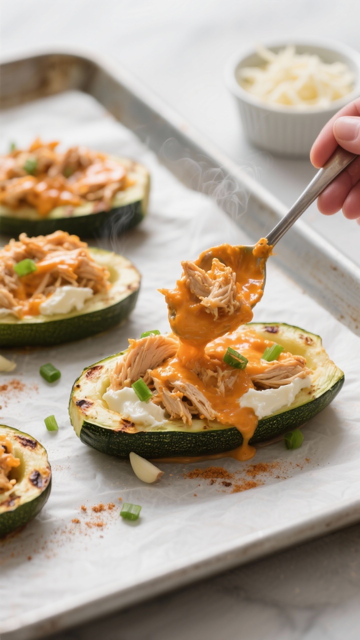 Cooking process close-up: Pre-roasted zucchini boats being filled with creamy buffalo chicken mixtur