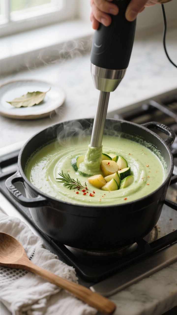 Cooking process close-up: Steam-kissed zucchini soup being pureed directly in a matte black Dutch ov